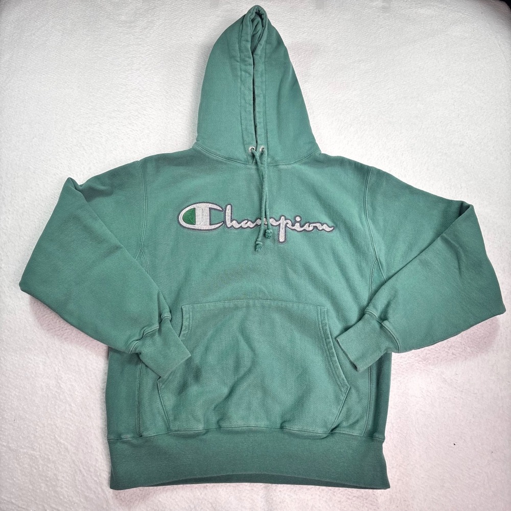 Champion Reverse Weave Hoodie Mens Medium Mint Green Embroidered Sweatshirt Y2K